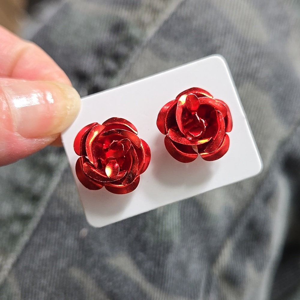 Vibrant Red Rose Stud Earrings - Picture 3 of 11